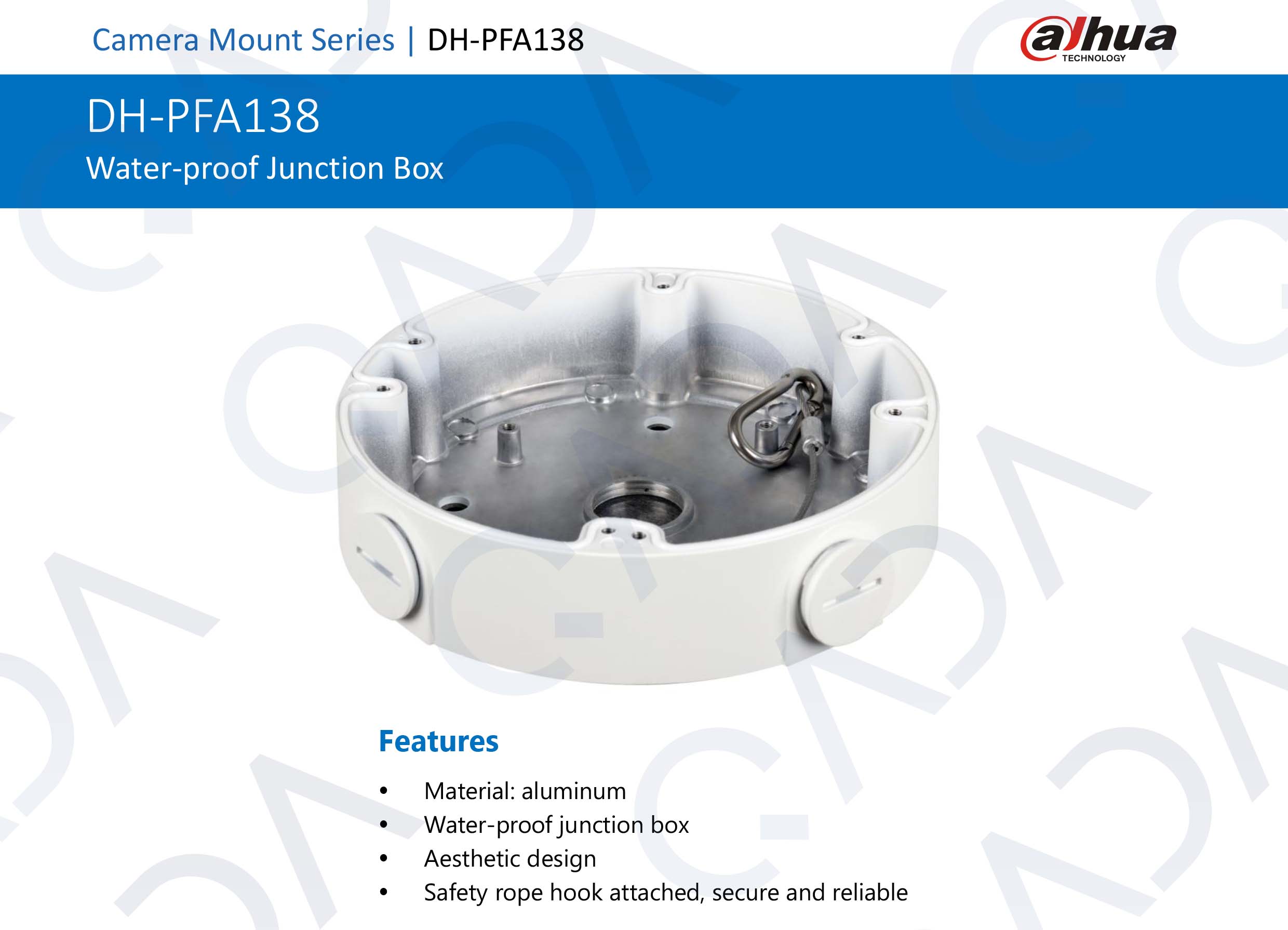 Dahua PFA138 Junction Box – Aluminum, White, 161x38mm, Security Camera Accessory For Outdoor Mounting